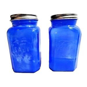Smokey Blue Glass Salt Pepper Shakers Stainless Steel Lids Retro Kitchen Gift